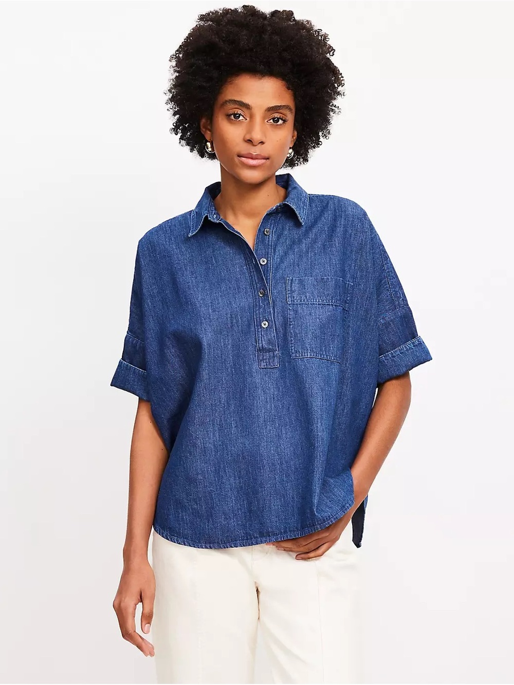 LOFT Blue Short-Sleeve Denim Button Top